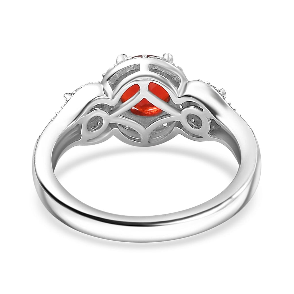 Cherry Fire Opal, Emerald & White Zircon Ring in Rhodium Sterling Silver 1.24 ct