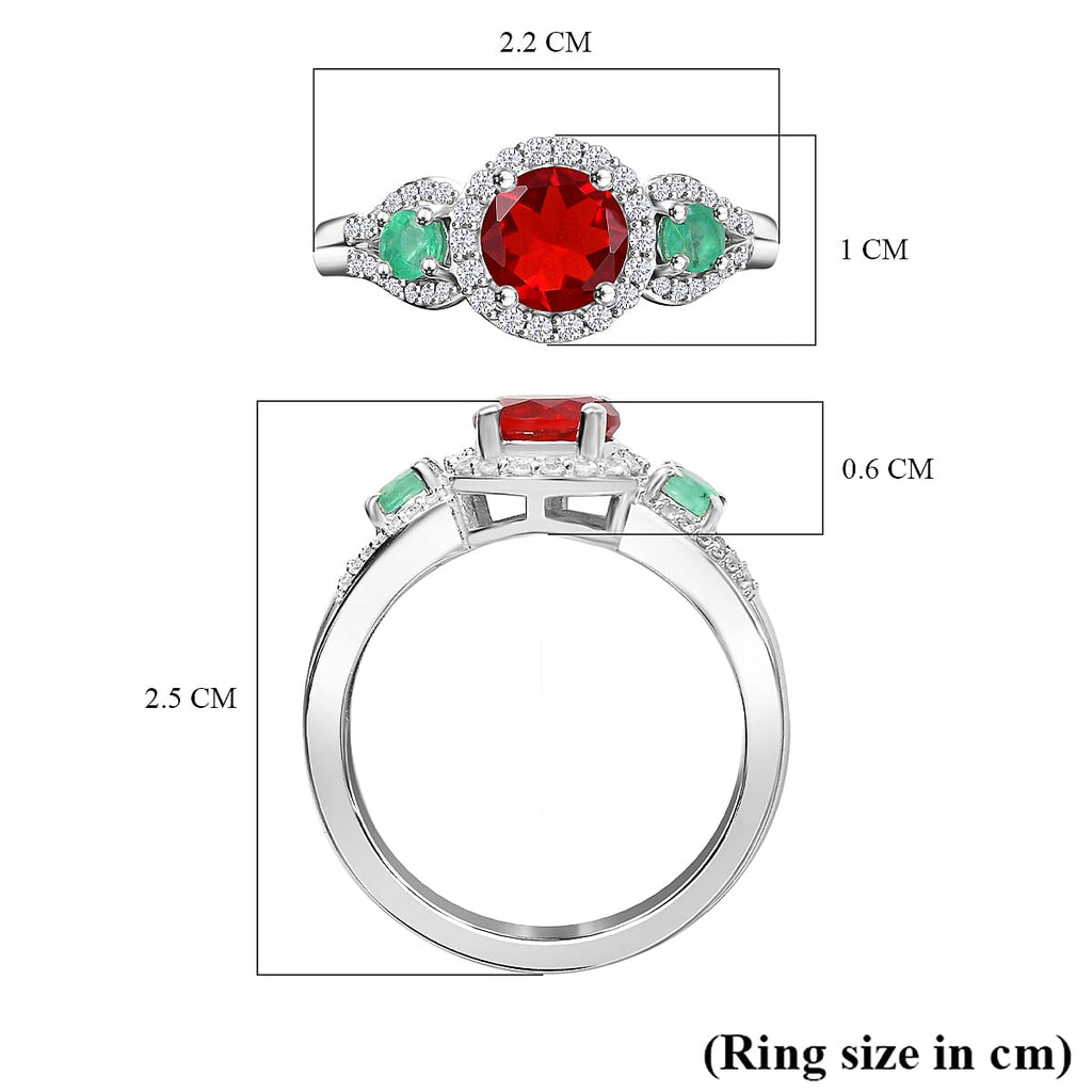 Cherry Fire Opal, Emerald & White Zircon Ring in Rhodium Sterling Silver 1.24 ct