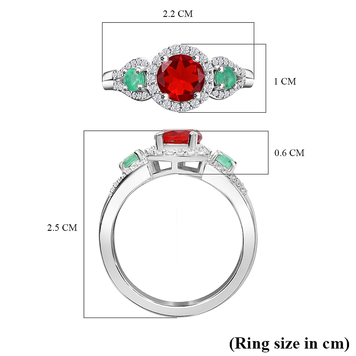 Cherry Fire Opal, Emerald, White Zircon Ring in Rhodium Overlay Sterling Silver 7892326 5