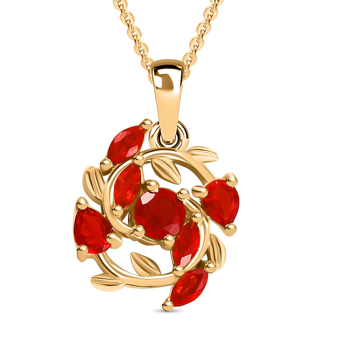 Cherry Fire Opal Leafy Vines Pendant with Chain (Size 20) in 18K Yellow Gold Vermeil Plated Sterling Silver 4308202 0
