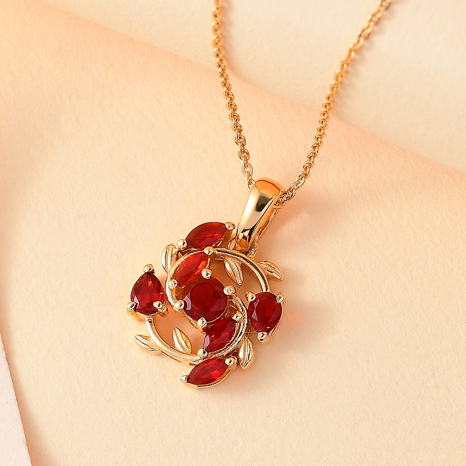 Cherry Fire Opal Leafy Vines Pendant with Chain (Size 20) in 18K Yellow Gold Vermeil Plated Sterling Silver 4308202 1