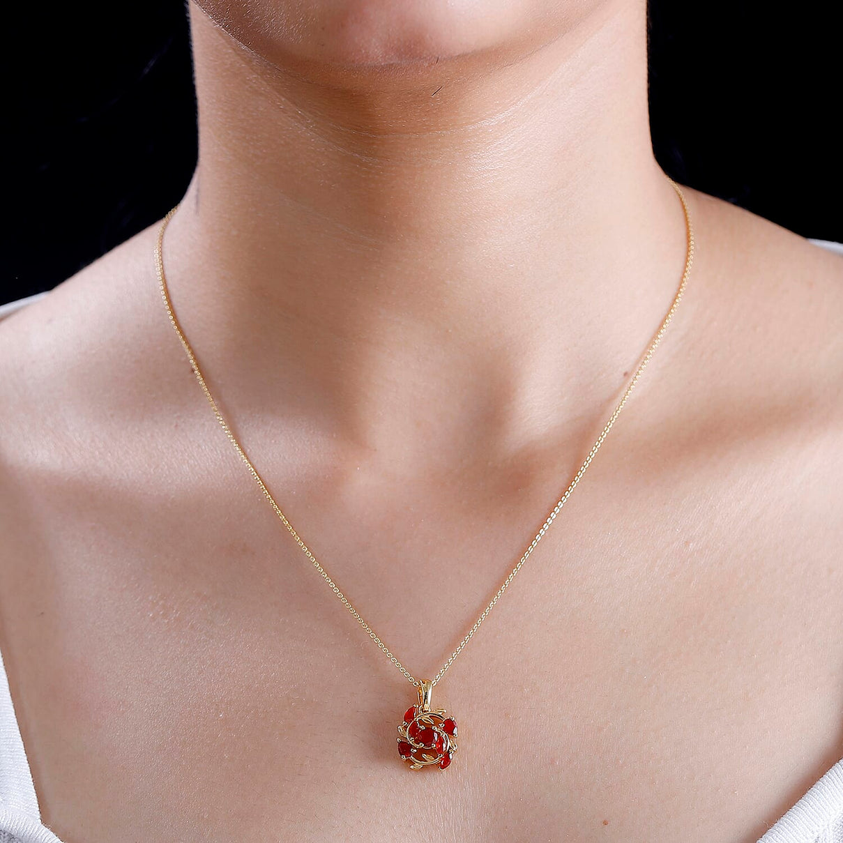 Cherry Fire Opal Leafy Vines Pendant with Chain (Size 20) in 18K Yellow Gold Vermeil Plated Sterling Silver 4308202 2