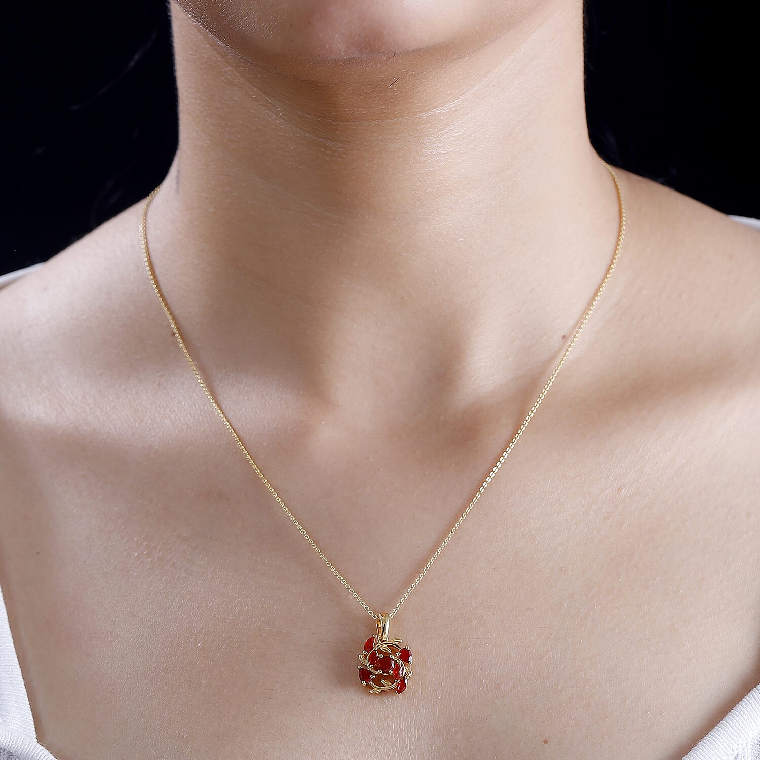 Cherry Fire Opal Leafy Vines Pendant with Chain (Size 20) in 18K Yellow Gold Vermeil Plated Sterling Silver 4308202 2