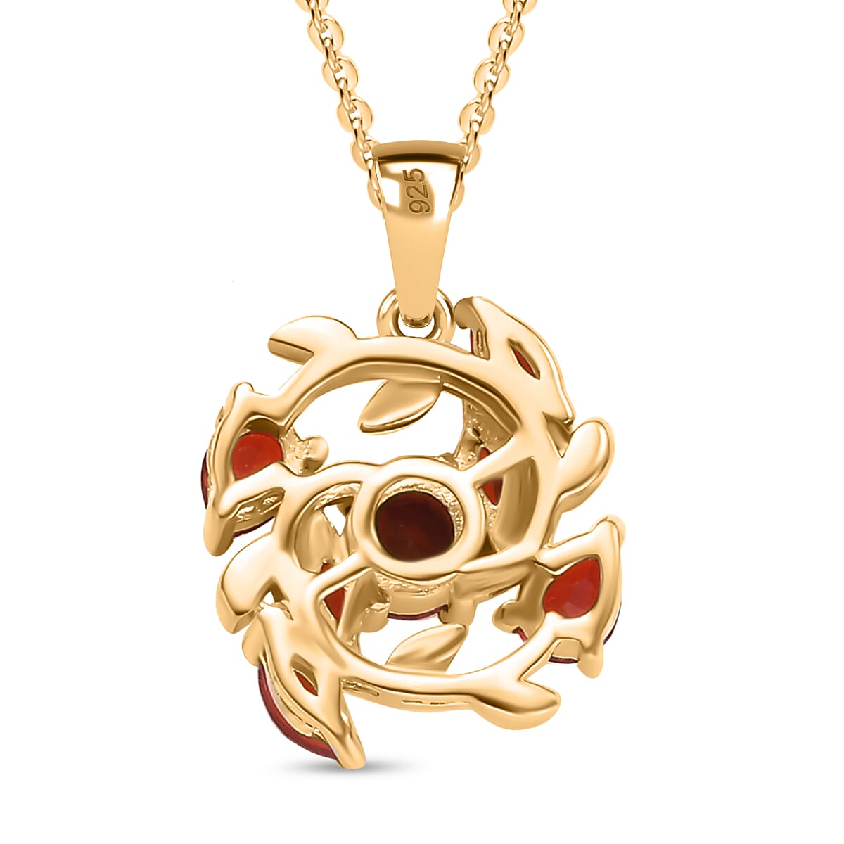 Cherry Fire Opal Leafy Vines Pendant with Chain (Size 20) in 18K Yellow Gold Vermeil Plated Sterling Silver 4308202 4