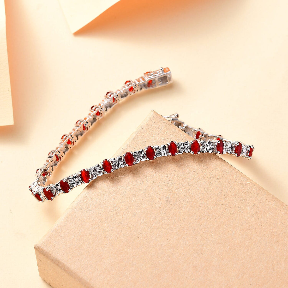 Salamanca Fire Opal &amp; White Zircon Link Bracelet With Lock Box (Size - 7) in Rhodium Overlay Sterling Silver 3.62 Ct, Silver Wt. 12.60 Gms. 7896539 2
