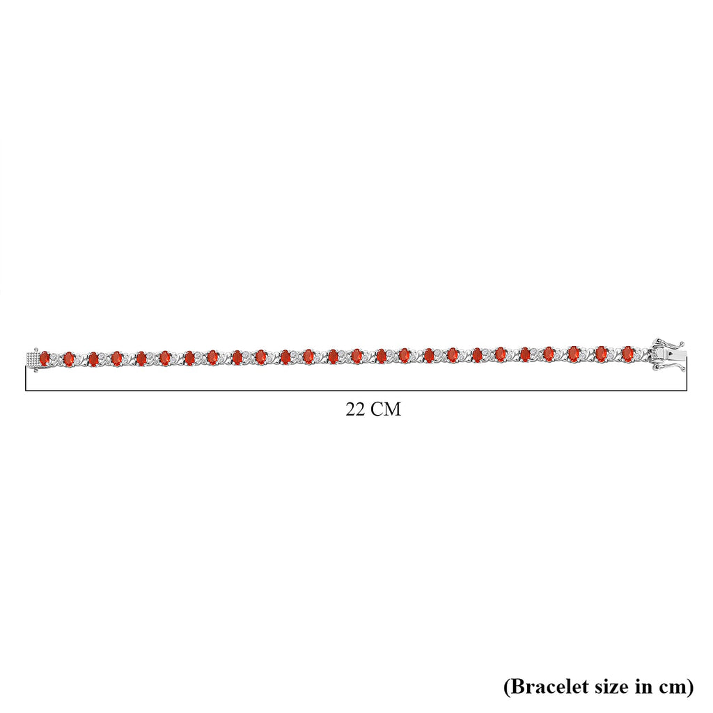 Cherry Fire Opal & White Zircon Link Bracelet With Lock Box (Size - 8) in Rhodium Sterling Silver 4.12 Ct, Silver Wt. 14.40 Gms.