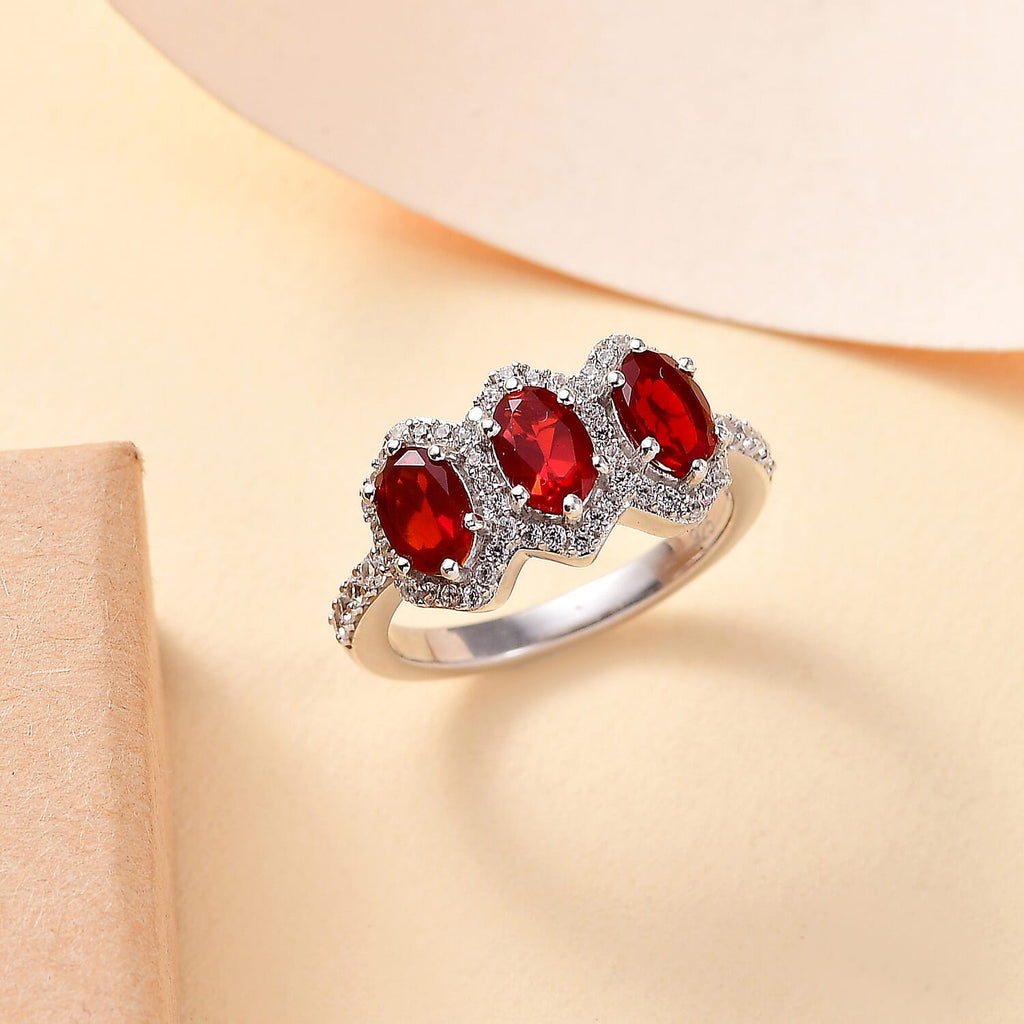 Salamanca Fire Opal & White Zircon Ring in Rhodium Overlay Sterling Silver 2.26 ct