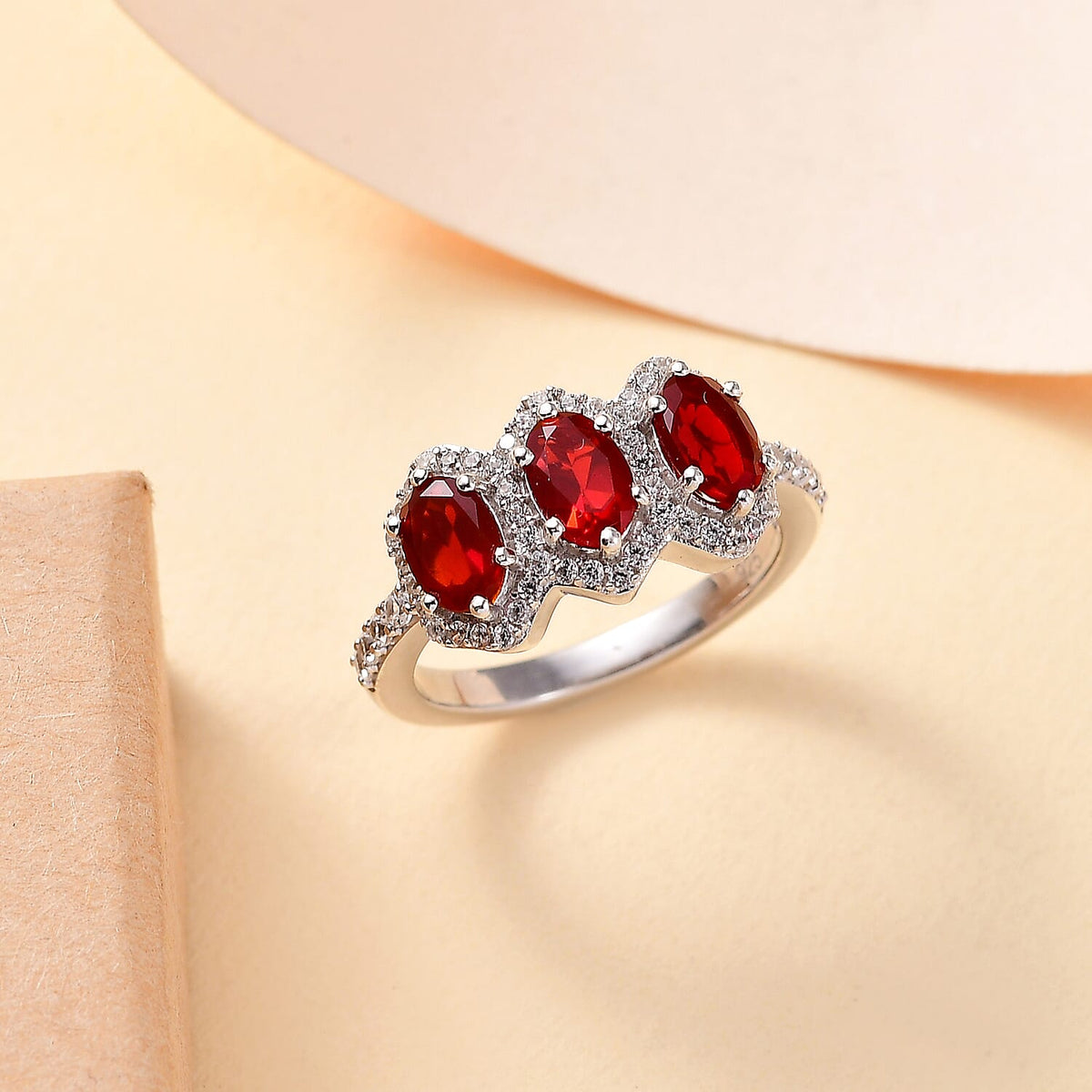 Cherry Fire Opal, White Zircon 3-Stone Ring in Rhodium Overlay Sterling Silver 7877061 1