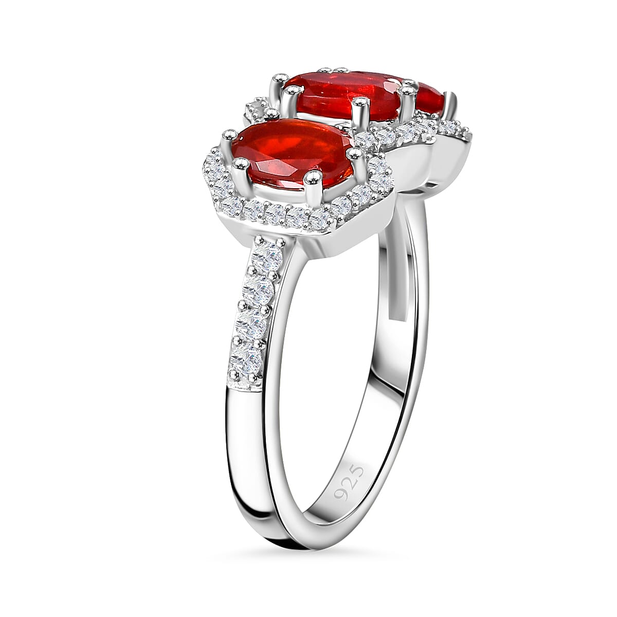 Cherry Fire Opal, White Zircon 3-Stone Ring in Rhodium Overlay Sterling Silver 7877061 3