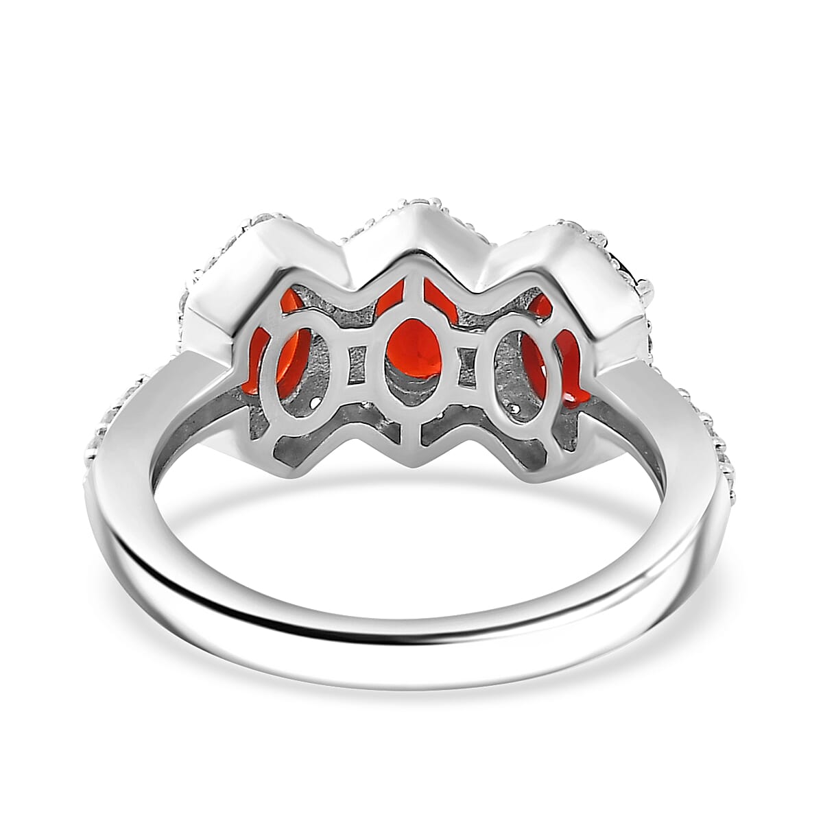 Cherry Fire Opal, White Zircon 3-Stone Ring in Rhodium Overlay Sterling Silver 7877061 4