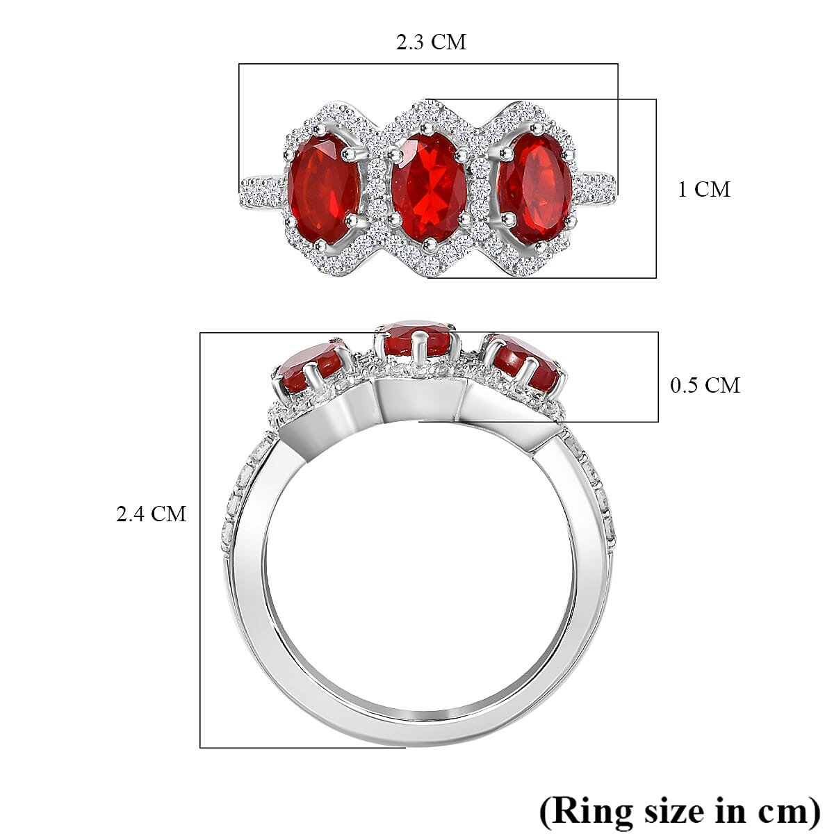 Cherry Fire Opal, White Zircon 3-Stone Ring in Rhodium Overlay Sterling Silver 7877061 5