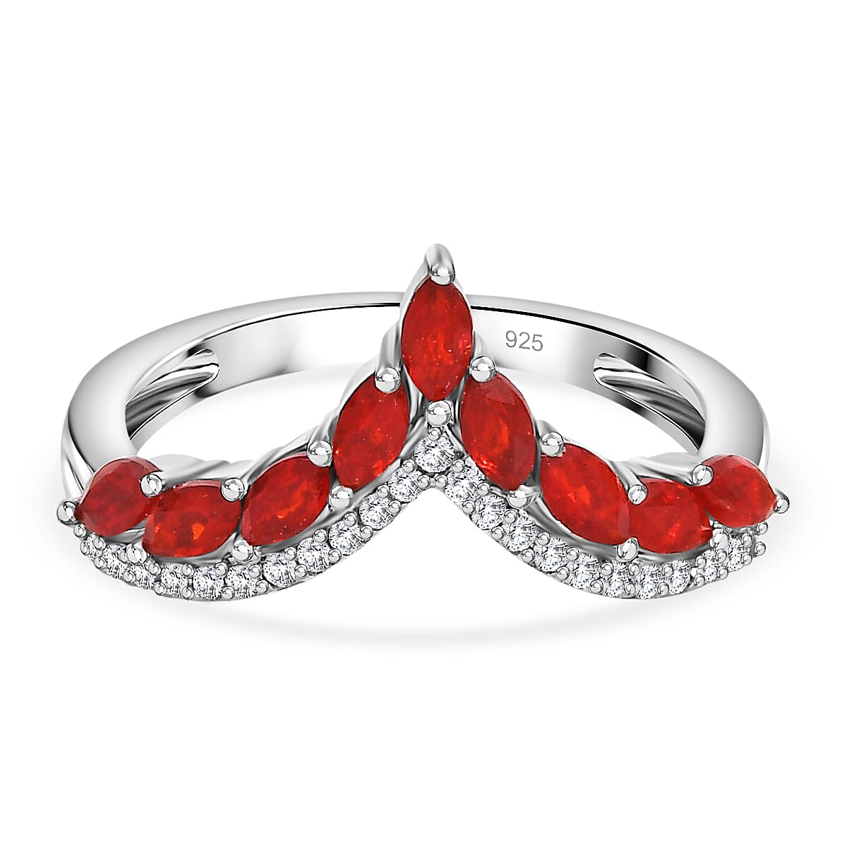 Cherry Fire Opal, White Zircon Wishbone Ring in Rhodium Overlay Sterling Silver 7877189 0