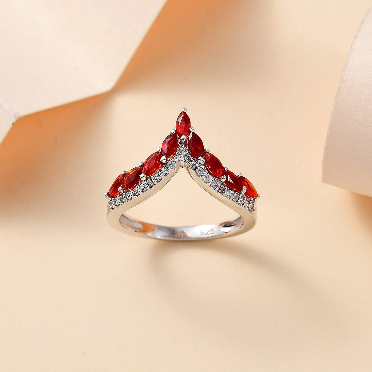 Cherry Fire Opal, White Zircon Wishbone Ring in Rhodium Overlay Sterling Silver 7877189 1