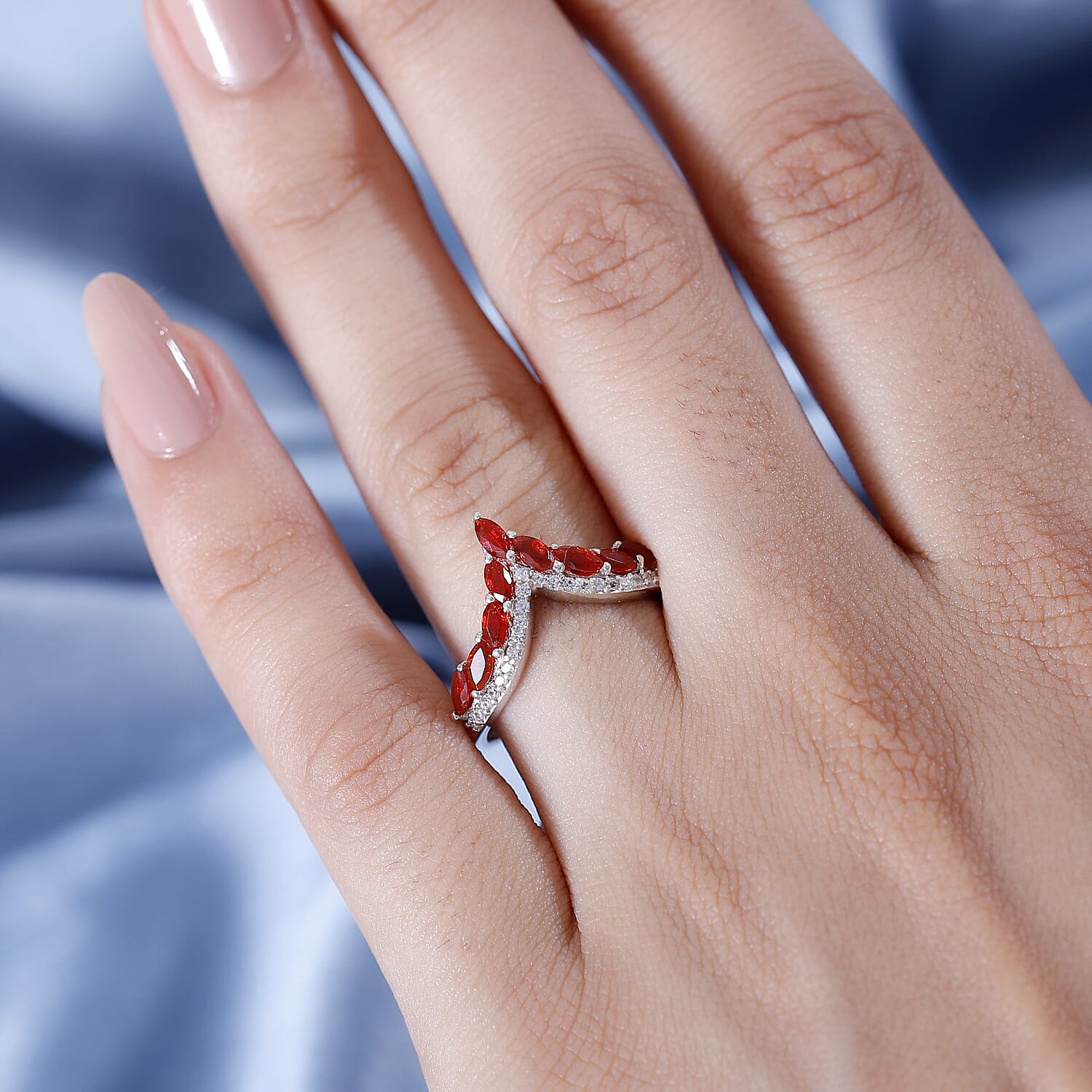 Cherry Fire Opal, White Zircon Wishbone Ring in Rhodium Overlay Sterling Silver 7877189 2