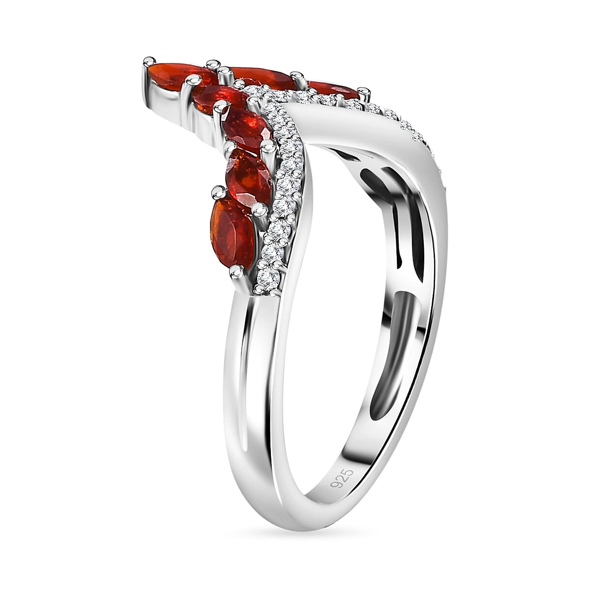 Cherry Fire Opal, White Zircon Wishbone Ring in Rhodium Overlay Sterling Silver 7877189 3