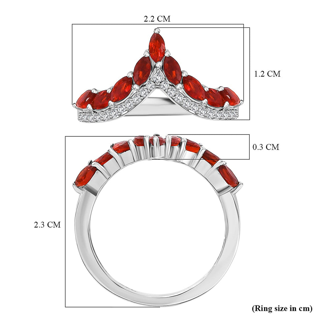 Cherry Fire Opal & White Zircon Ring in Rhodium Overlay Sterling Silver 1.18 ct