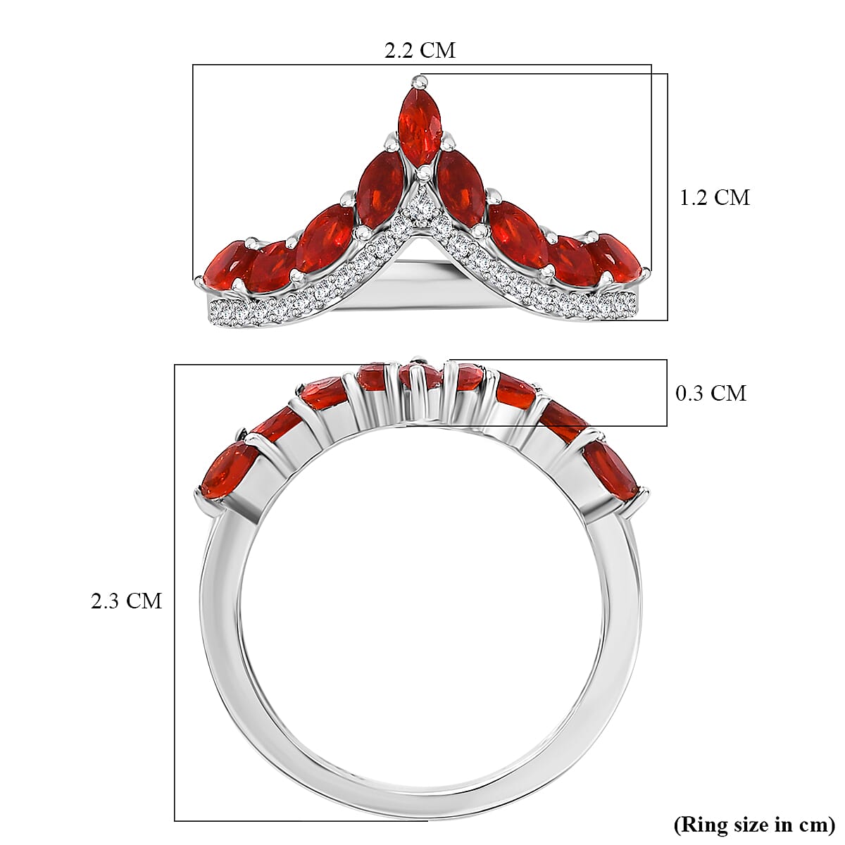 Cherry Fire Opal, White Zircon Wishbone Ring in Rhodium Overlay Sterling Silver 7877189 5