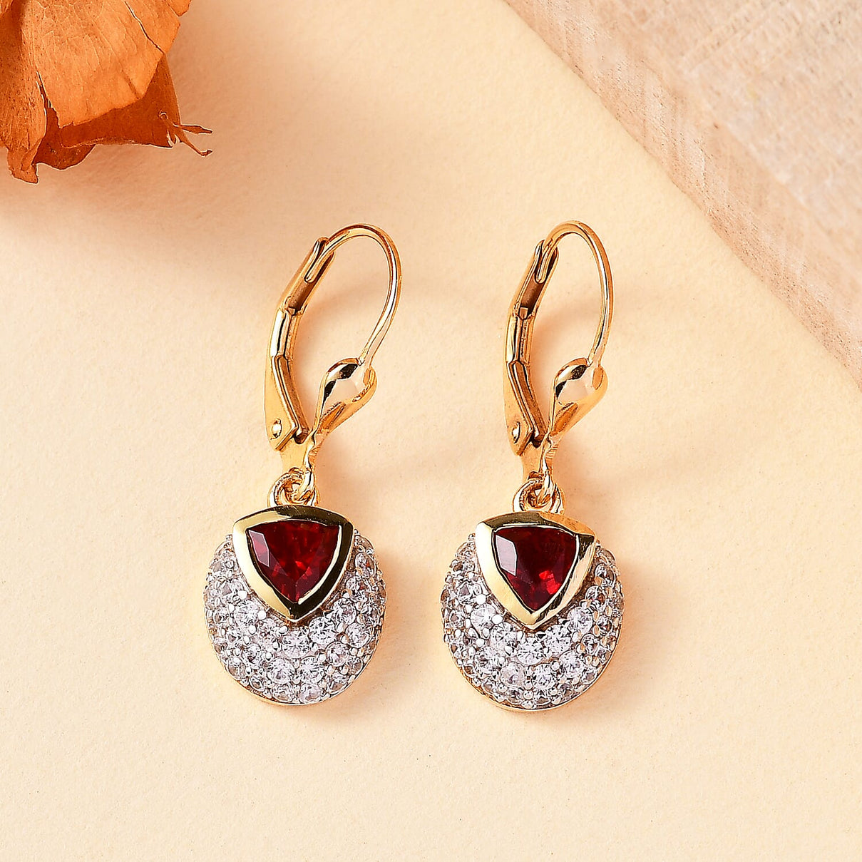 Cherry Fire Opal, White Zircon Drop Earrings in 18K Yellow Gold Vermeil Plated Sterling Silver 7894527 1