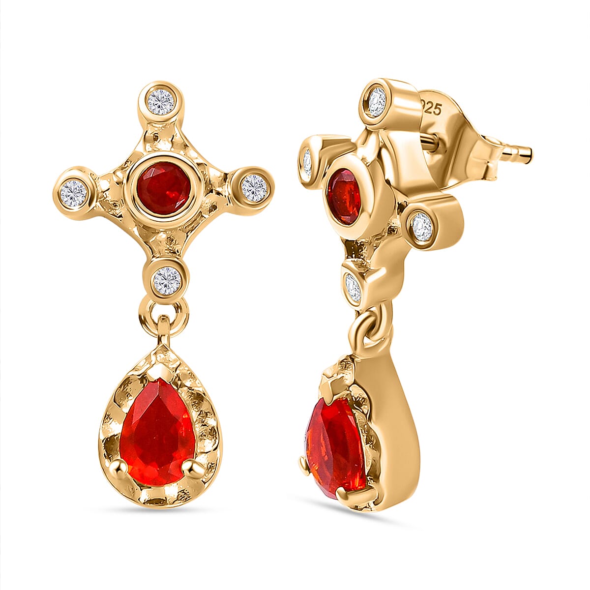 Cherry Fire Opal, White Zircon Drop Earrings in 18K Yellow Gold Vermeil Plated Sterling Silver 0.84 ct. 7896481 0