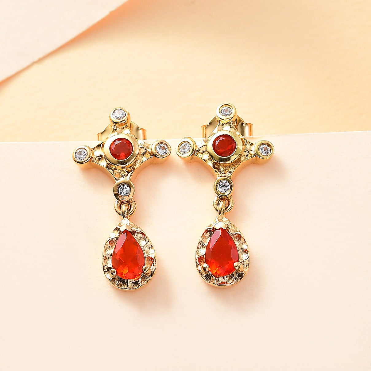 Cherry Fire Opal, White Zircon Drop Earrings in 18K Yellow Gold Vermeil Plated Sterling Silver 0.84 ct. 7896481 2