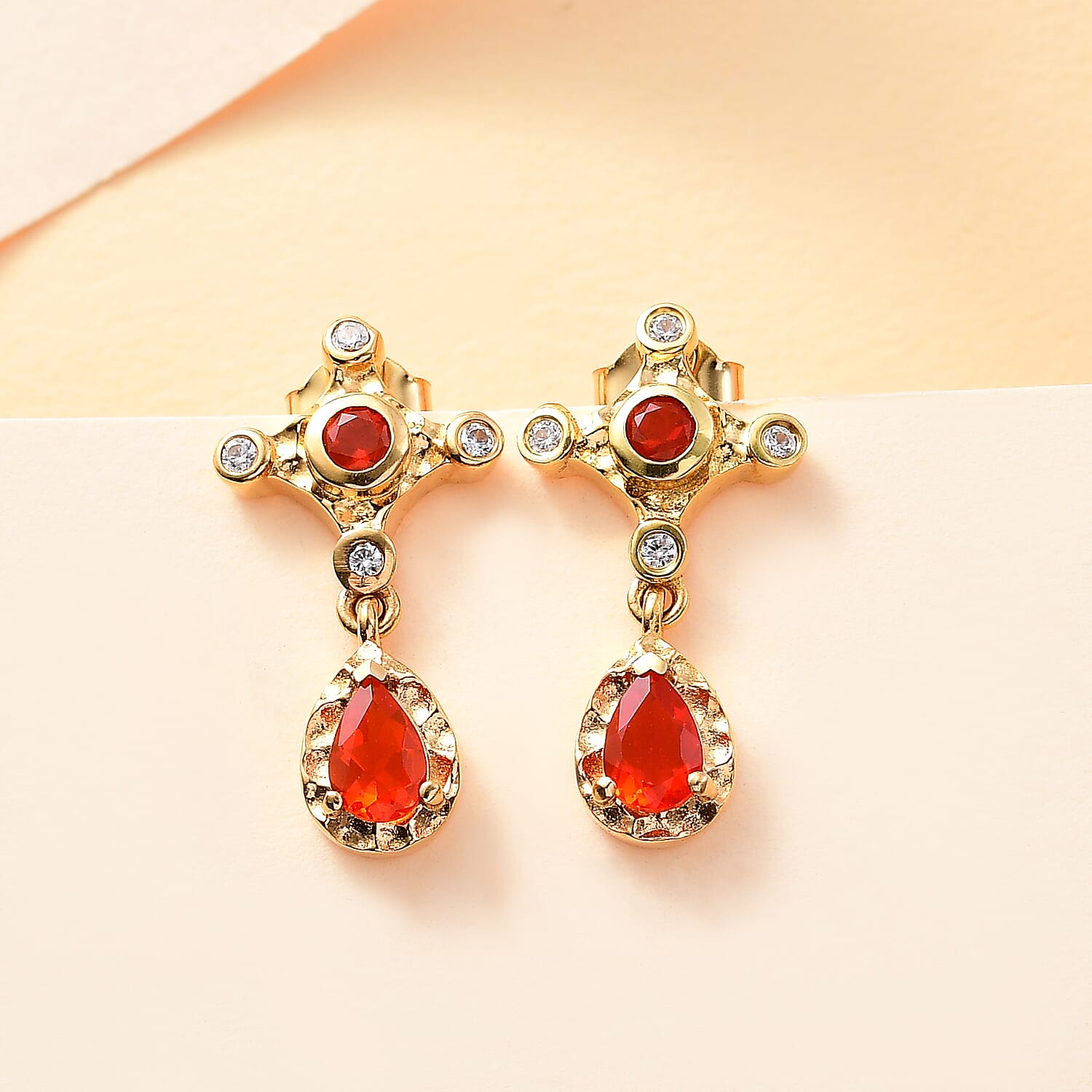 Cherry Fire Opal, White Zircon Drop Earrings in 18K Yellow Gold Vermeil Plated Sterling Silver 0.84 ct. 7896481 2