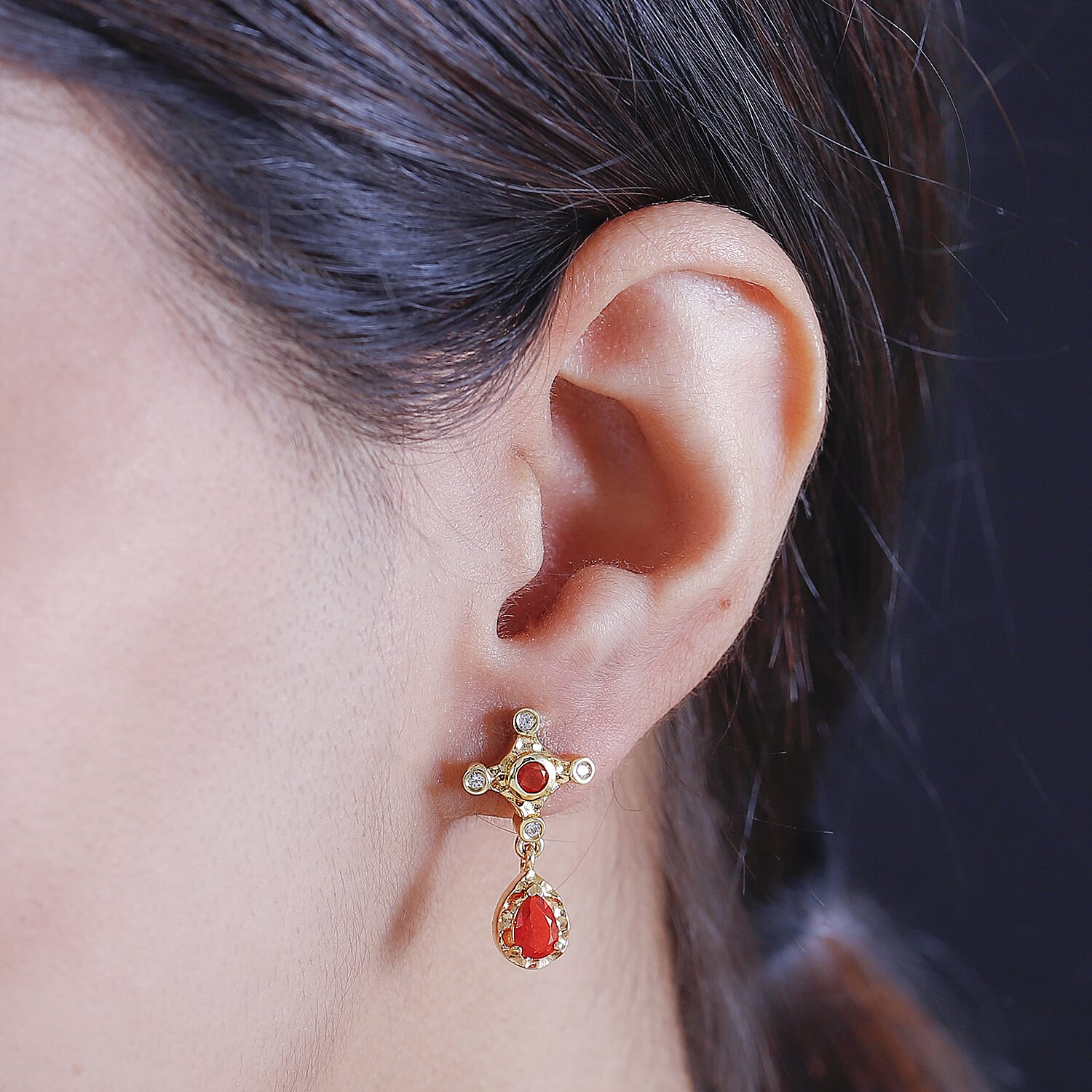 Cherry Fire Opal, White Zircon Drop Earrings in 18K Yellow Gold Vermeil Plated Sterling Silver 0.84 ct. 7896481 3