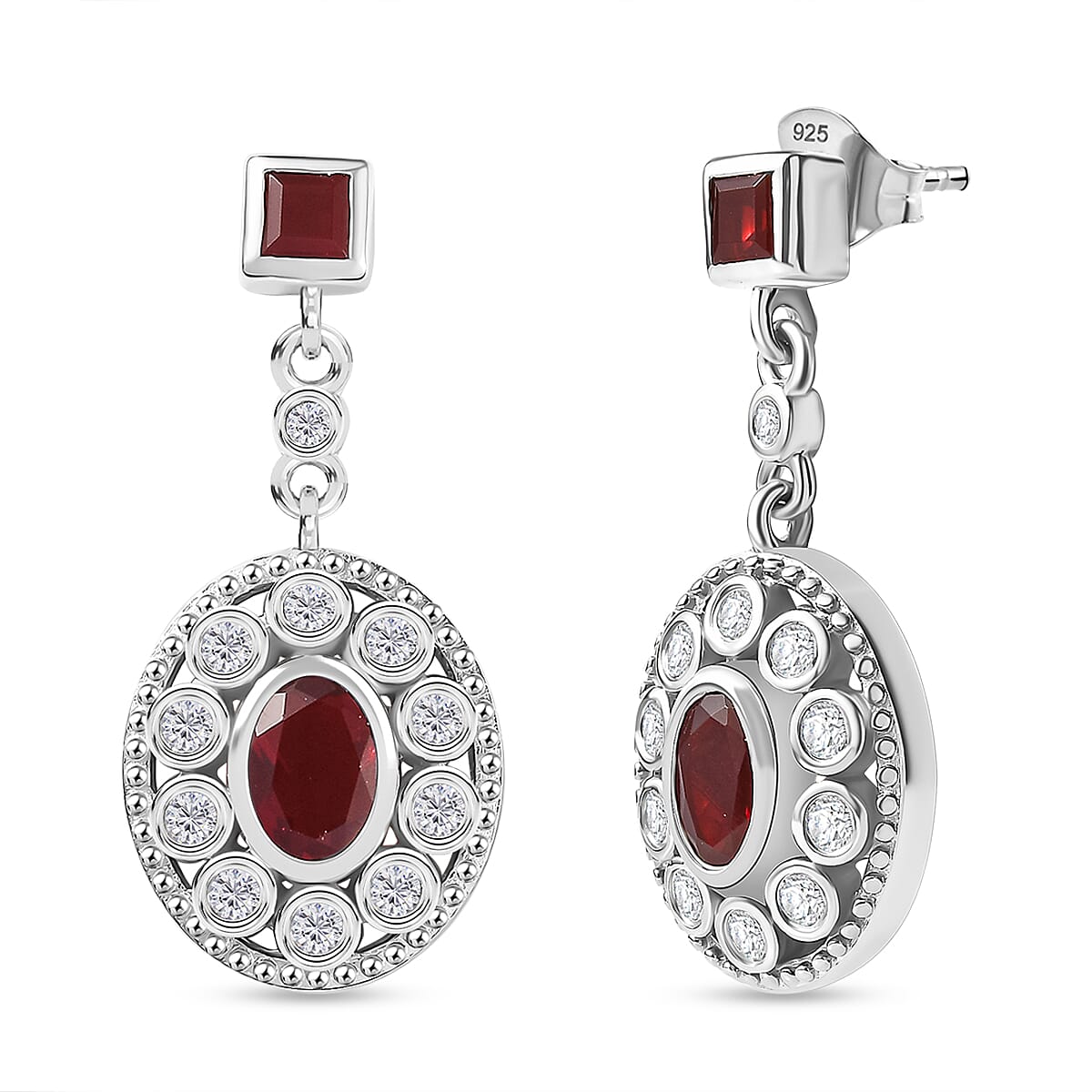 Cherry Fire Opal, White Zircon Halo Earrings in Rhodium Overlay Sterling Silver 7896478 0