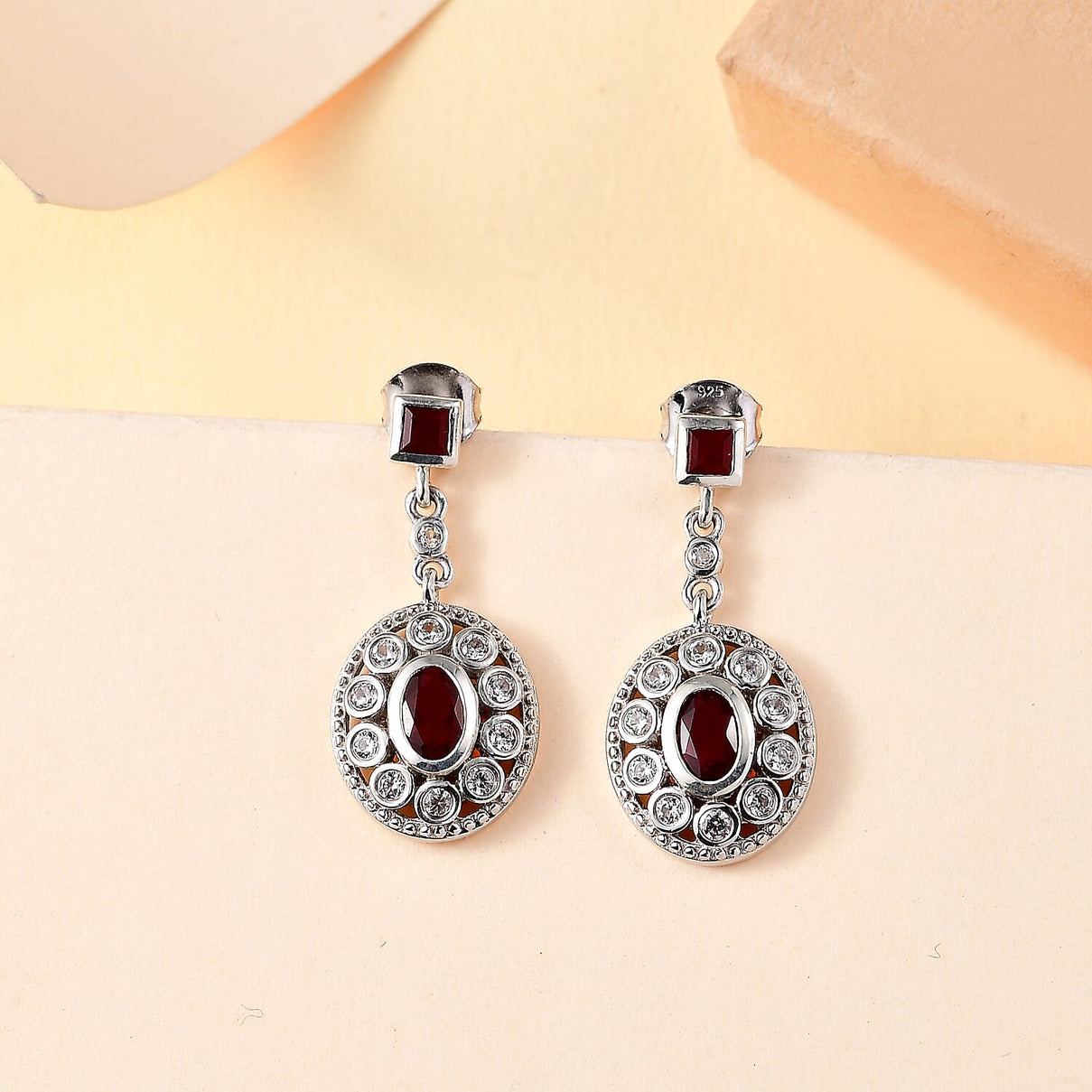 Cherry Fire Opal, White Zircon Halo Earrings in Rhodium Overlay Sterling Silver 7896478 2