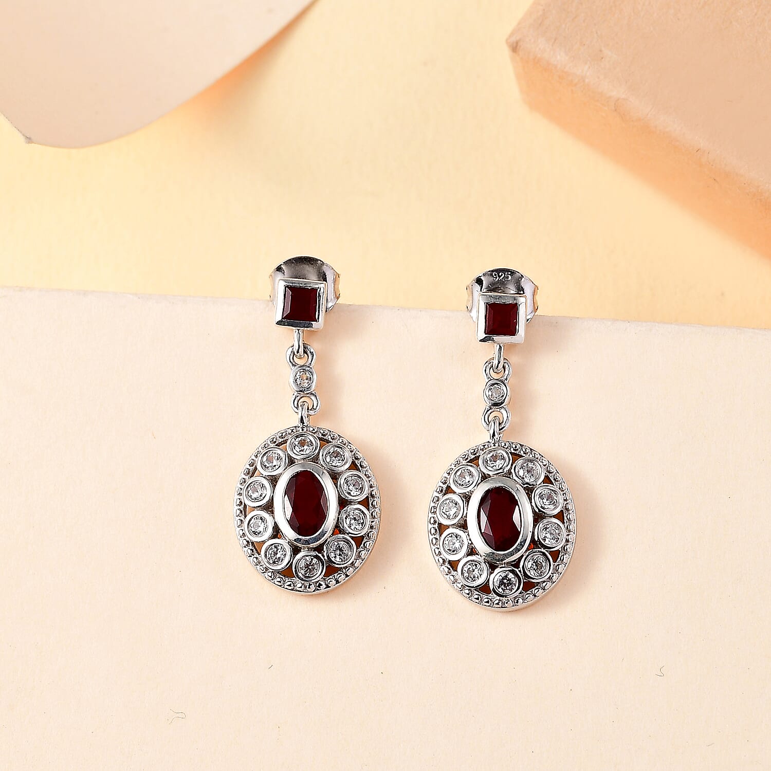 Cherry Fire Opal, White Zircon Halo Earrings in Rhodium Overlay Sterling Silver 7896478 2