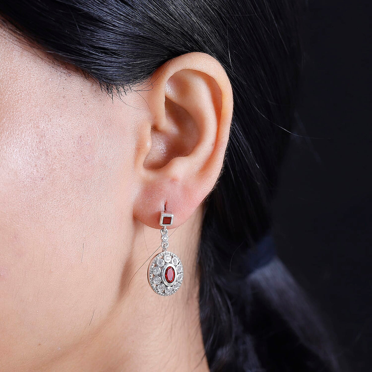 Cherry Fire Opal, White Zircon Halo Earrings in Rhodium Overlay Sterling Silver 7896478 3