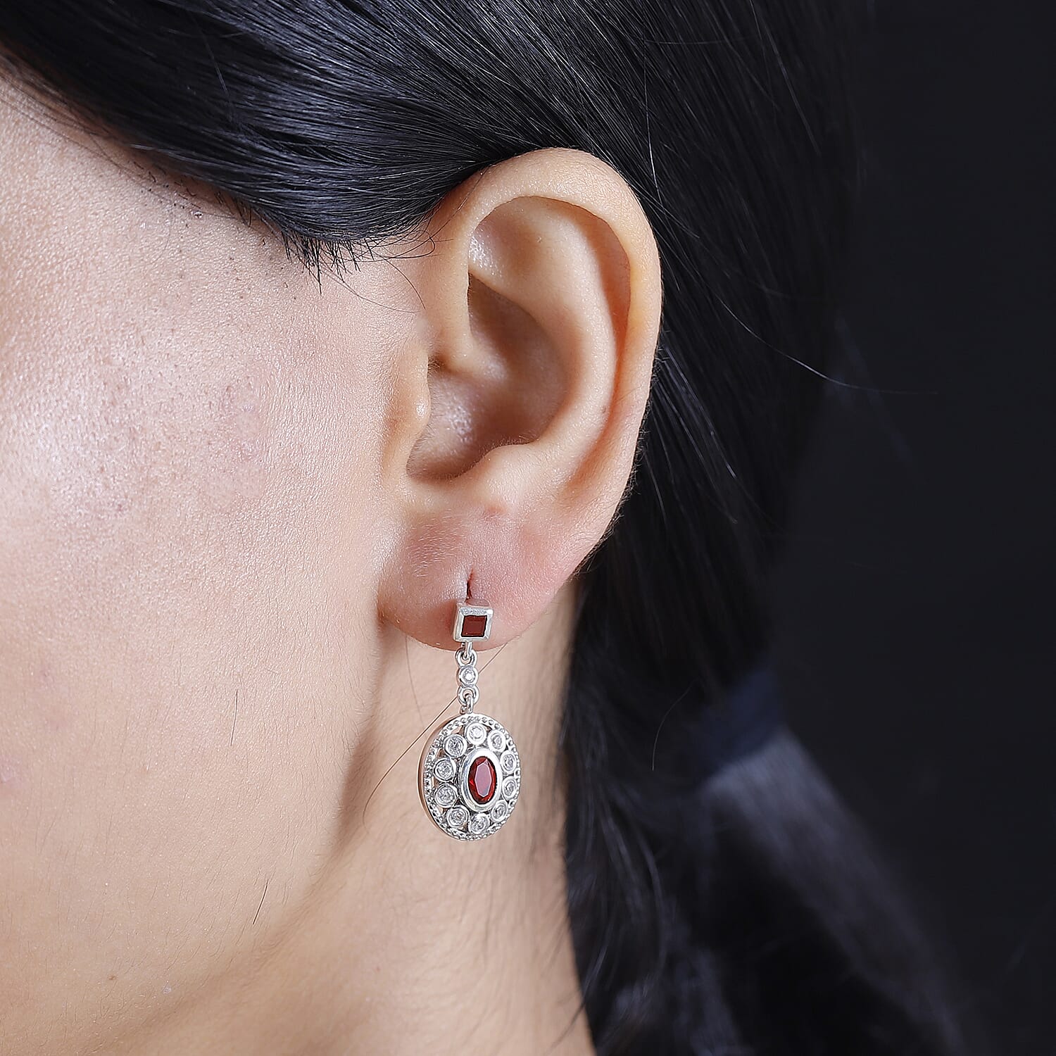 Cherry Fire Opal, White Zircon Halo Earrings in Rhodium Overlay Sterling Silver 7896478 3