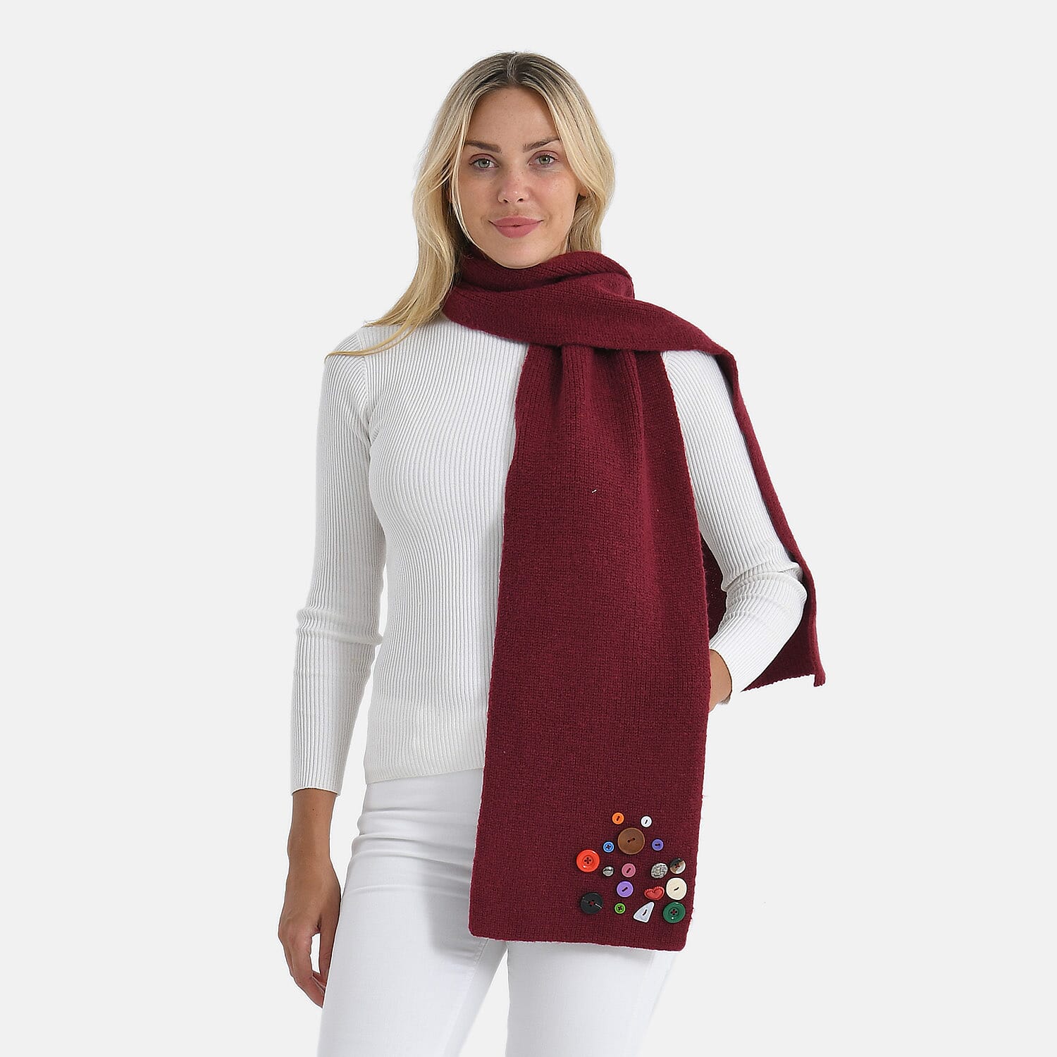 Designer Closeout Deal - Scarf with Colourful Button Accents - Burgundy 8205067 0