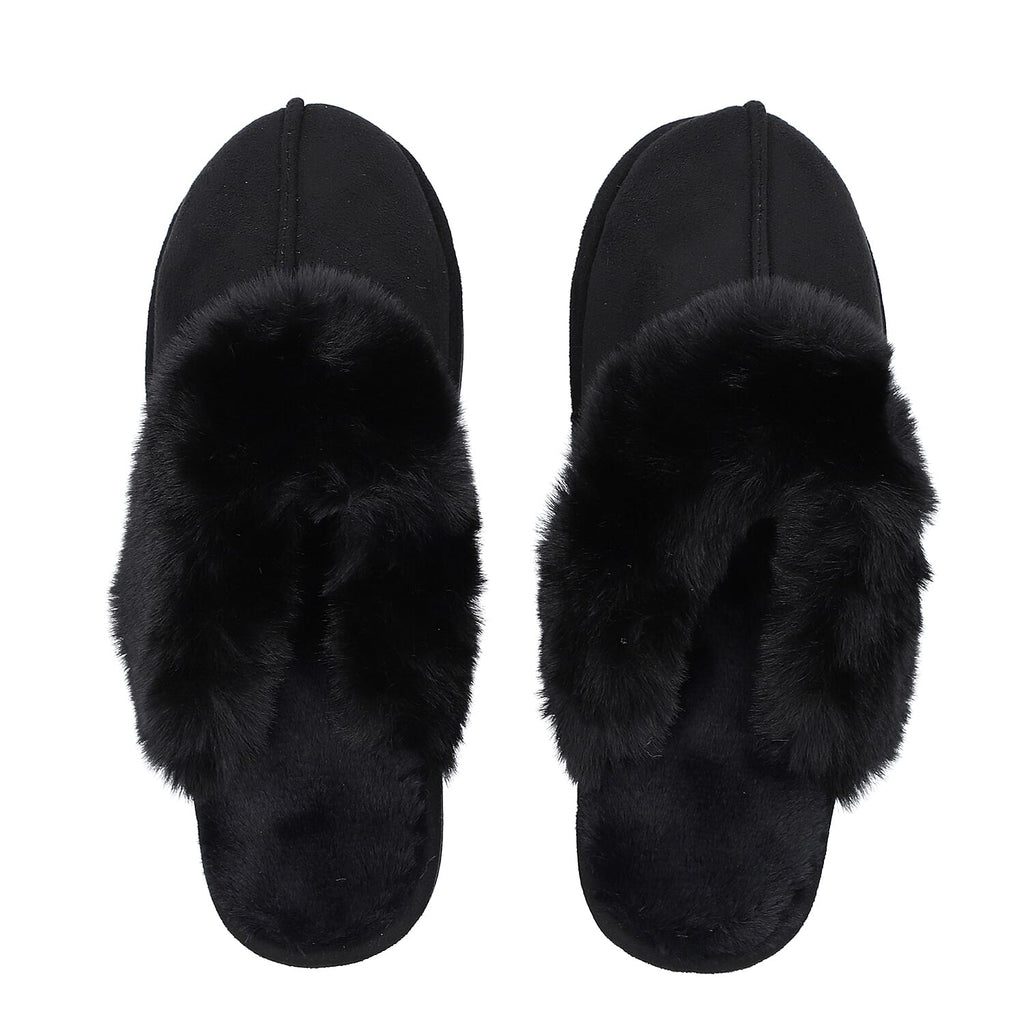 Chic and Elegant Rabbit Faux Fur Slippers (Size 7- 8) - Black