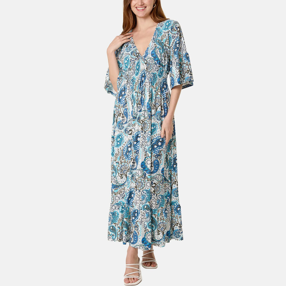 Chilli &amp; Charm Paisley Print Shirred Empire Bust Dress (Size L, 16 to 18) - Blue V32698076 0