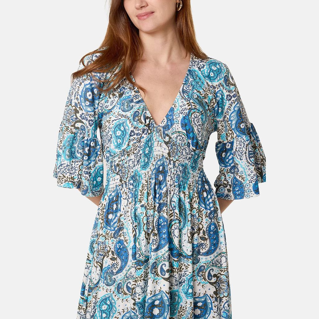 Chilli & Charm Paisley Print Shirred Empire Bust Dress (Size L, 16 to 18) - Blue