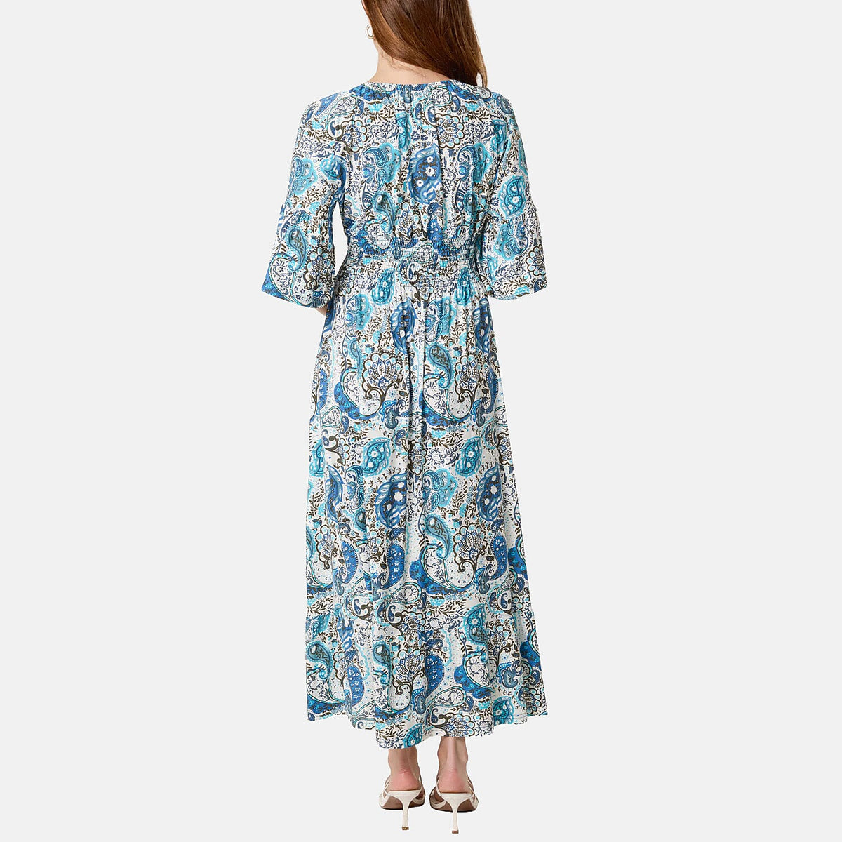 Chilli &amp; Charm Paisley Print Shirred Empire Bust Dress (Size L, 16 to 18) - Blue V32698076 2