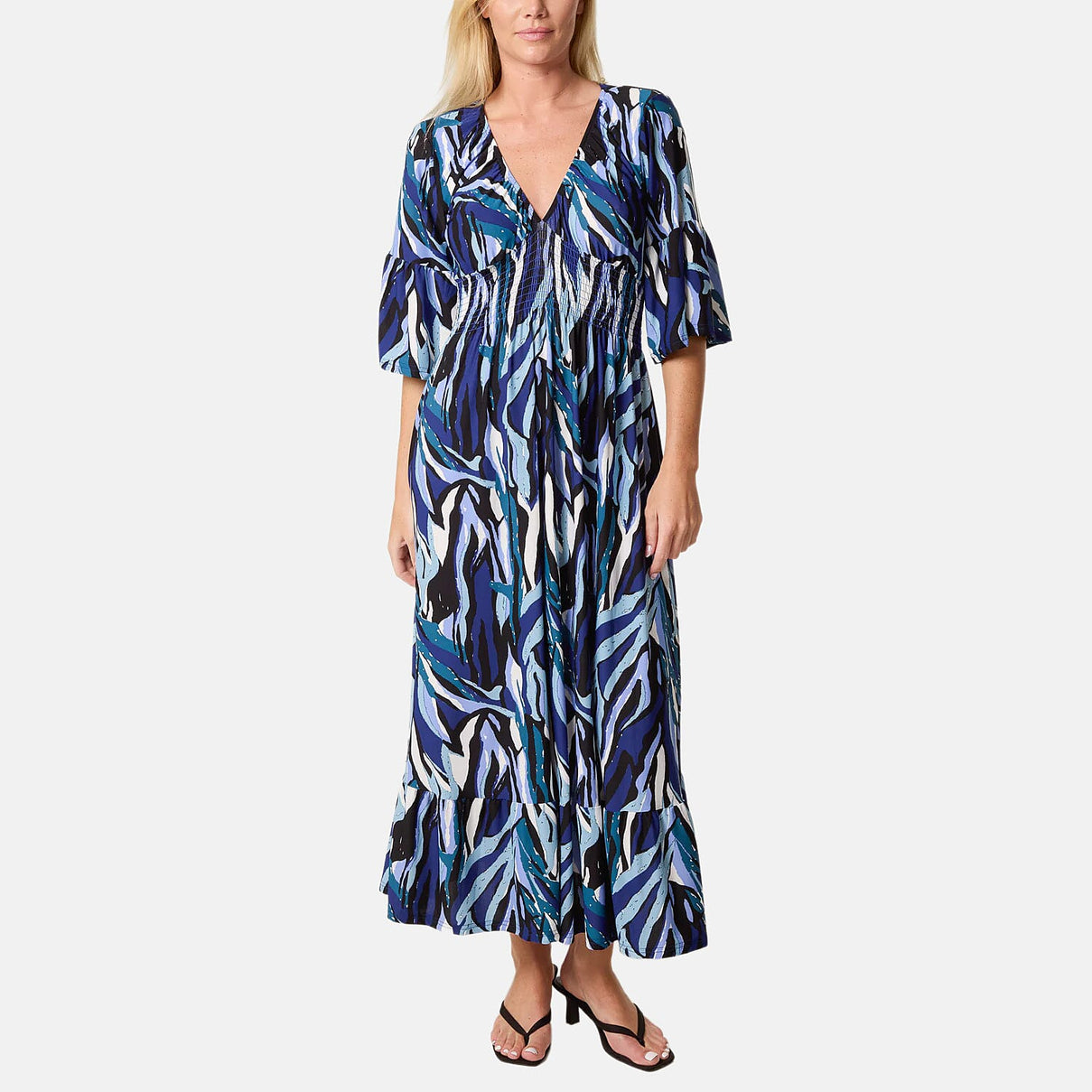Chilli &amp; Charm Abstract Stripe Shirred Empire Bust Dress (Size L, 16 to 18) - Navy 8552307 0