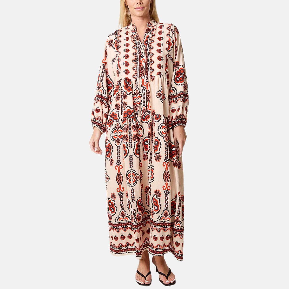Chilli Charm Ethnic-Inspired Print Boho Maxi Dress (One Size) - Stone &amp; Orange 8550695 0