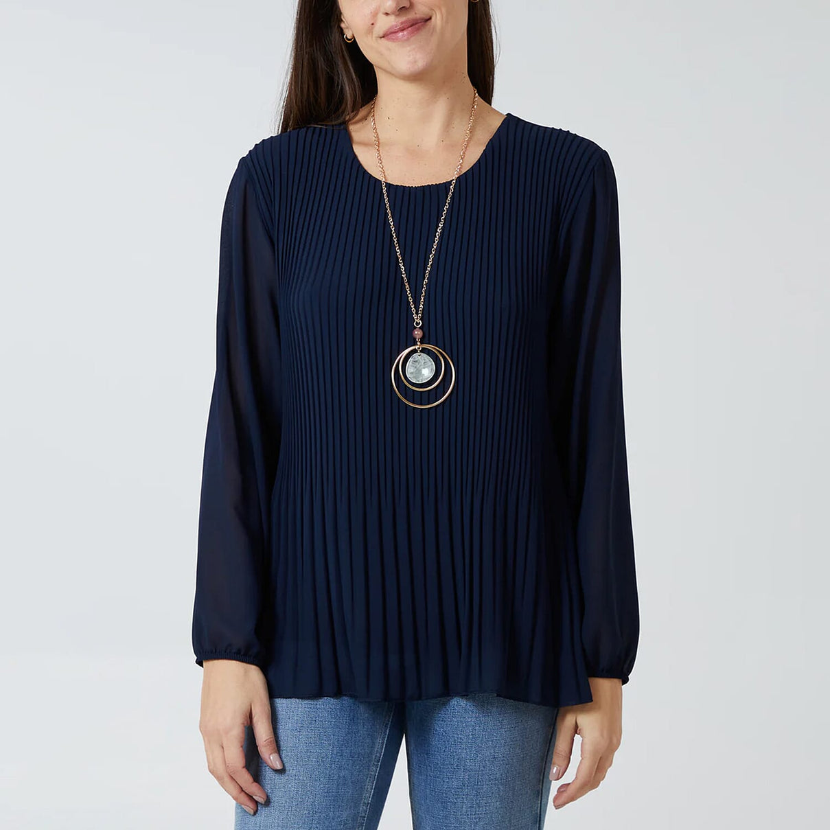 Chilli Charm Pleated Long Sleeve Top with Necklace (One Size, 8 - 18) - Navy 8137413 0