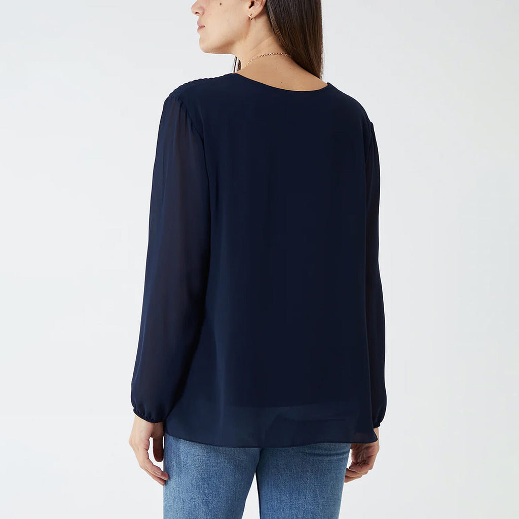 Chilli Charm Pleated Long Sleeve Top with Necklace (One Size, 8 - 18) - Navy
