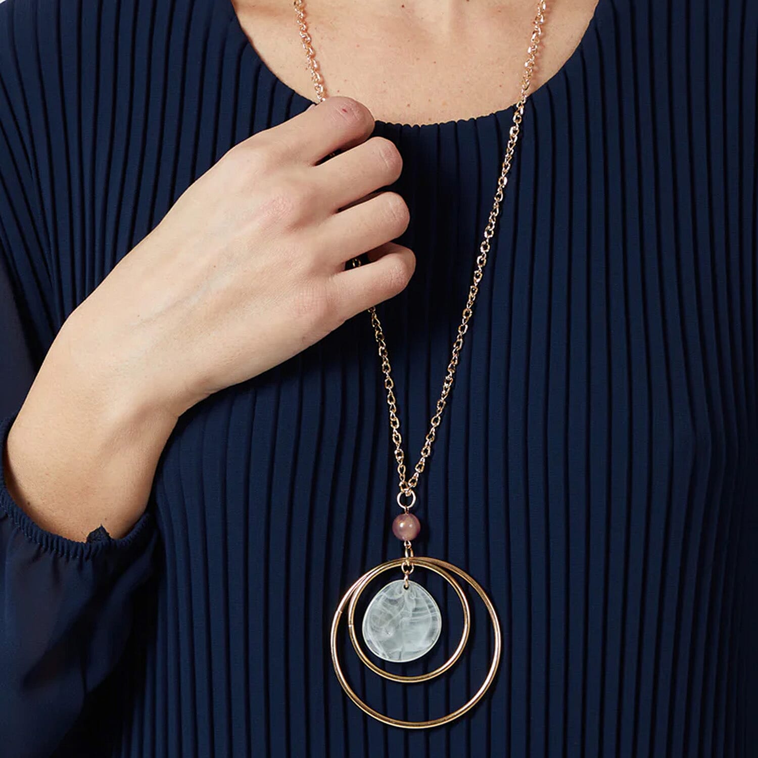 Chilli Charm Pleated Long Sleeve Top with Necklace (One Size, 8 - 18) - Navy 8137413 2