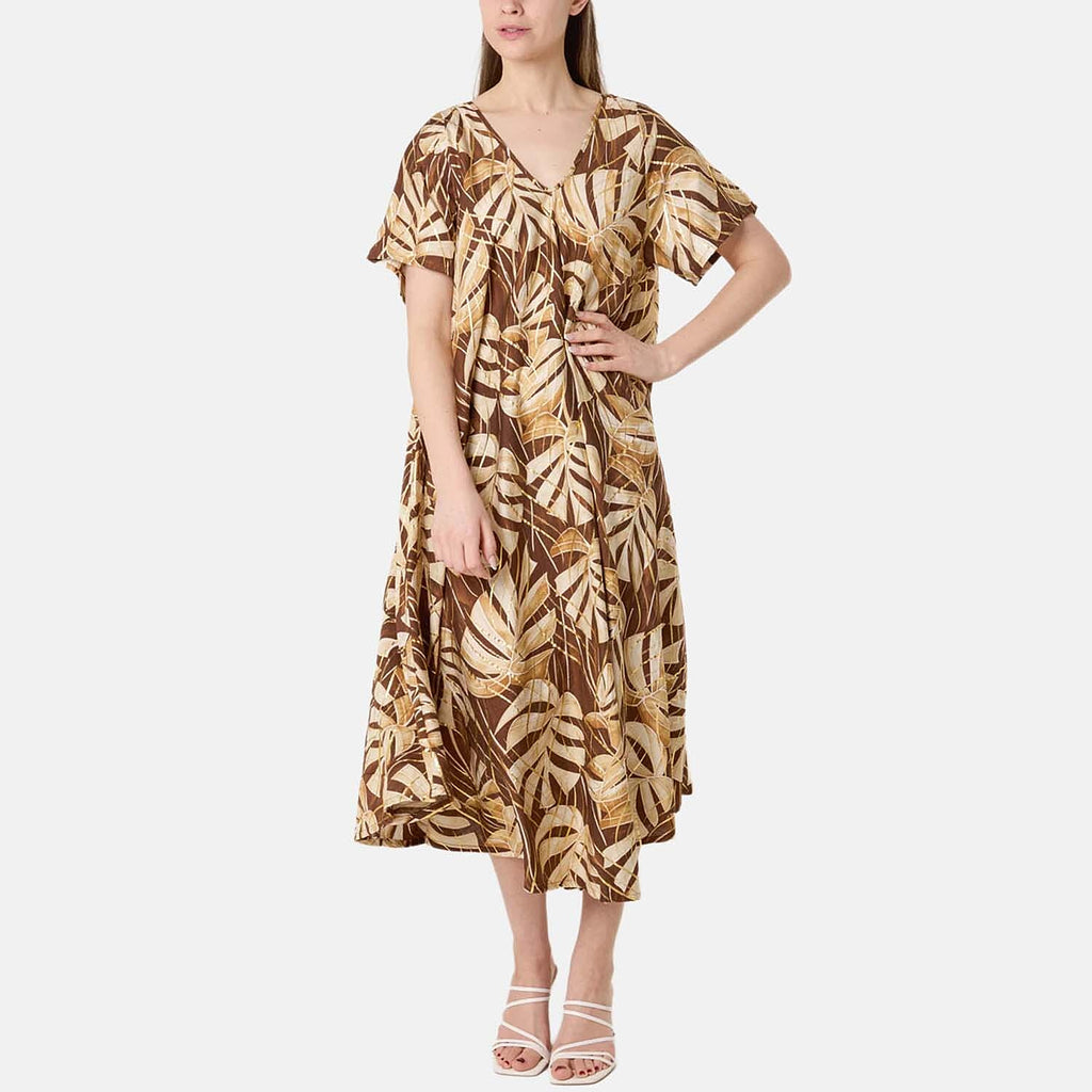 Chilli Charm Topical Print Flared Dress (One Size, 10-22) - Chocolate