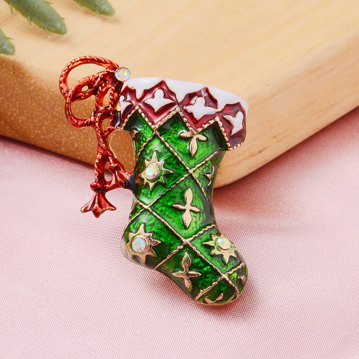 Christmas AB Colour Crystal Enamelled Brooch Cum Pendant in Yellow Gold Tone 7909027 2