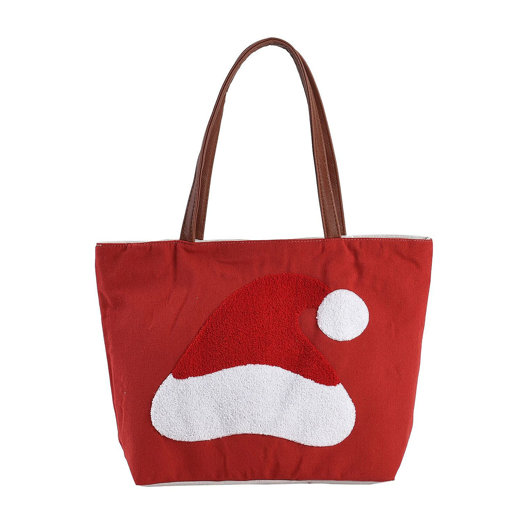 Christmas Collection - Santa Hat Pattern Tote Bag with Exterior Zipped Pocket - Handle Drop - Red