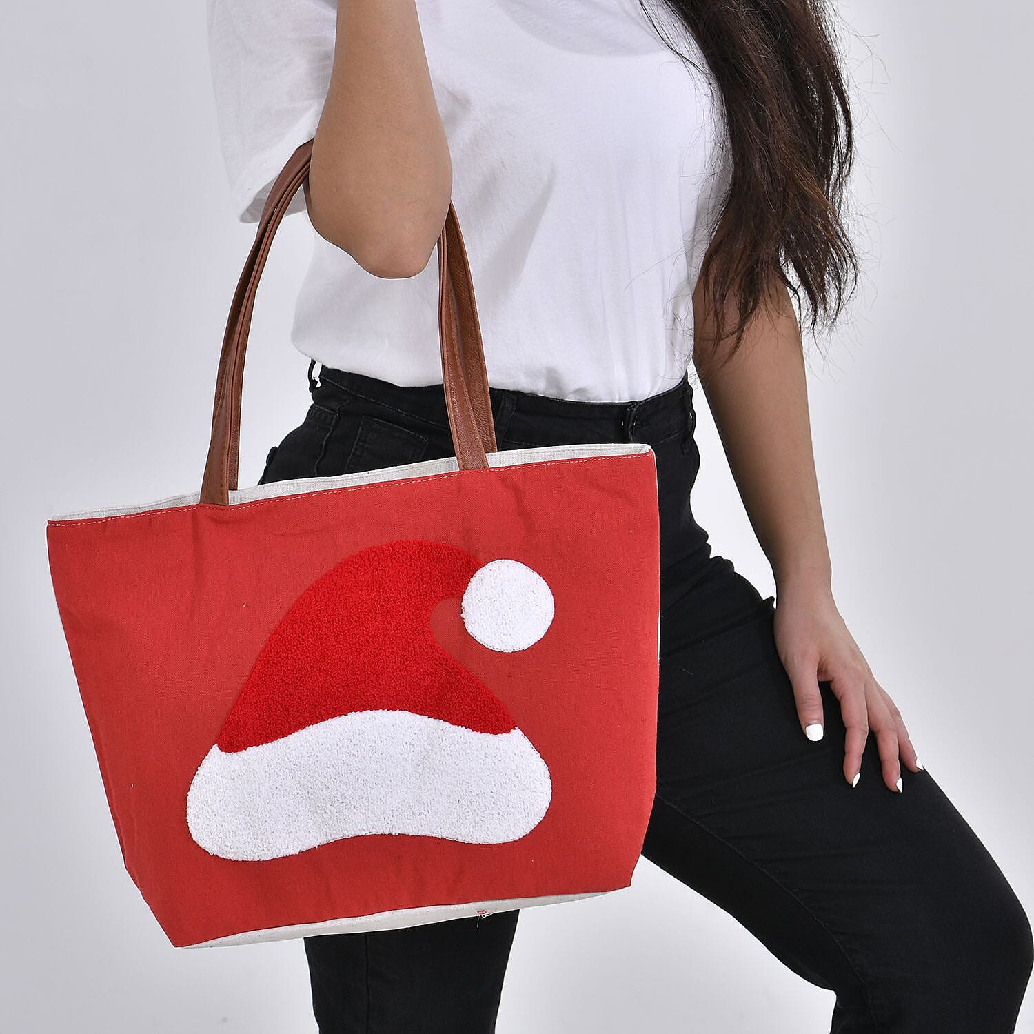 Christmas Collection - Santa Hat Pattern Tote Bag with Exterior Zipped Pocket and Handle Drop - Red 7595656 1