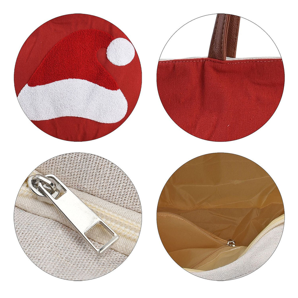 Christmas Collection - Santa Hat Pattern Tote Bag with Exterior Zipped Pocket - Handle Drop - Red