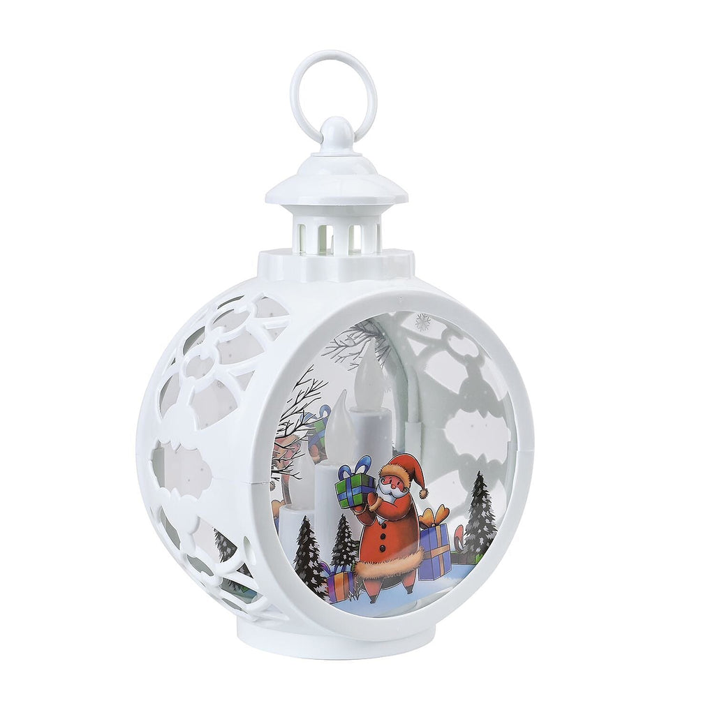 Vintage Clock Shaped Carved With Santa Hanging Lantern LED Light (3xAAA Batteries, Not Incl.) - White