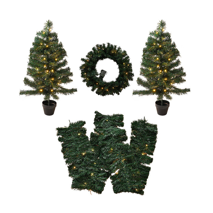 4 Piece Set- 2 LED Christmas Trees With Plant Pots (90CM), LED Wreath (60CM) and LED Garland (270CM) 7835779 1
