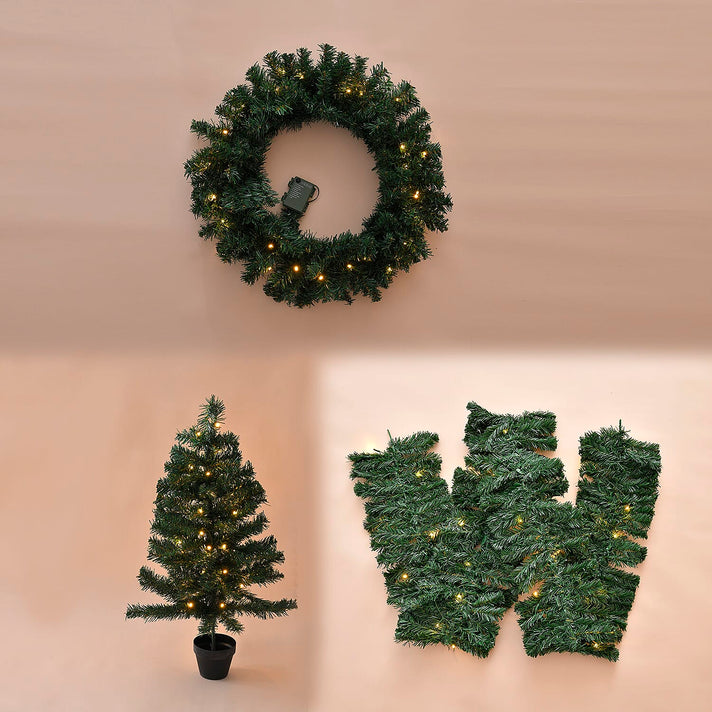 4 Piece Set- 2 LED Christmas Trees With Plant Pots (90CM), LED Wreath (60CM) and LED Garland (270CM) 7835779 2