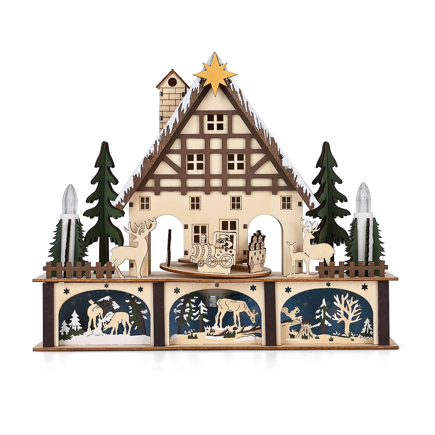 LED Wooden Christmas Winter Wonderland With Wind Up Music Box 7796877 0